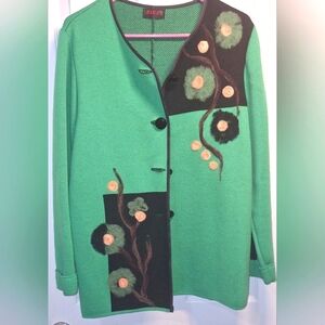 Green and Black Button-Up Blazer with Floral Design Wool Made in Poland XL